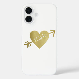 Coques iPhone 16 Faux Gold Coeur d'amour avec initiales, romantique