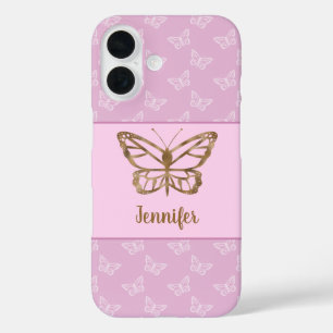 Coques iPhone 16 Faux Gold Foil Look Papillon sur Lavender Purple