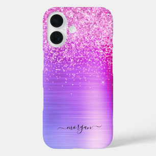 Coques iPhone 16 Faux Métal Violet Brossé, Paillettes, Nom en Écrit