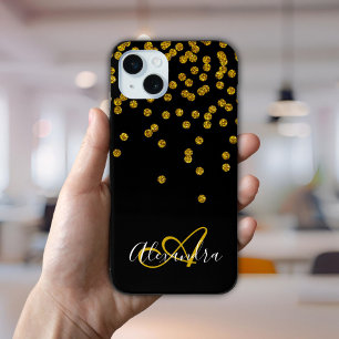 Coque iPhone 15 Mini Faux Monogramme Script Pailleté Or Glam