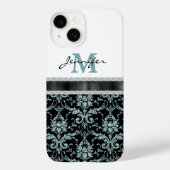 Coques Case-Mate iPhone Faux Parties scintillant Aqua Damask Monogramme (Verso)