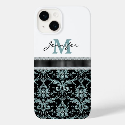 Coques Case-Mate iPhone Faux Parties scintillant Aqua Damask Monogramme (Verso)