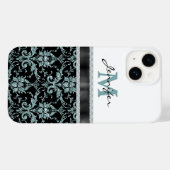 Coques Case-Mate iPhone Faux Parties scintillant Aqua Damask Monogramme (Verso (horizontal))