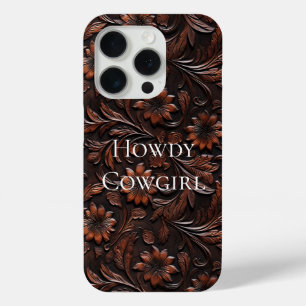 Coque iPhone 15 Pro Faux Sud-Ouest Brown Fleurs de vache en cuir