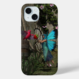 Coque Pour iPhone 15 Fée mignonne nourrissant un oiseau