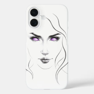Coques iPhone 16 Femme aux yeux violets bizarres minimaliste ligne