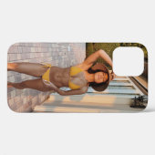 Coques Case-Mate iPhone Femme en bikini jaune debout sur le flo de brique  (Verso (horizontal))