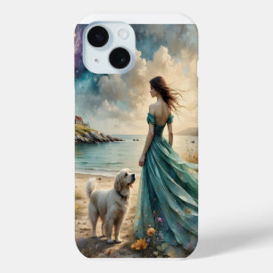 Coque Pour iPhone 15 Femme en robe bleue sur la plage avec chien