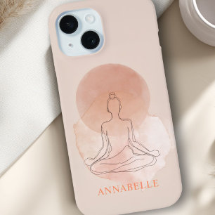 Coque Pour iPhone 15 Femme Méditant en Art de Ligne Minimaliste Aquarel