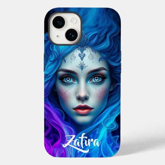 Coques Case-Mate iPhone Femme mystérieuse émergeant de flammes bleues et v (Verso)