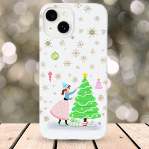 Coque Pour iPhone 14 Femme Rétro Vintage Décorant un Arbre de Noël