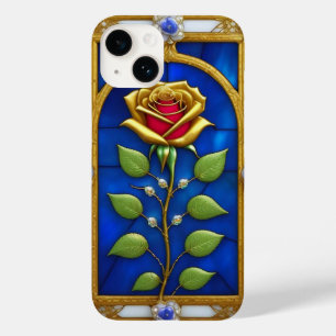 Coque Pour iPhone 14 Fenêtre élégante en verre coloré avec rose dorée