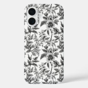 Coques iPhone 16 Fermes vintages à motifs floraux noirs et blancs