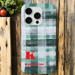 Coque iPhone 15 Pro Festif monogramme plaid tartan vert blanc rouge