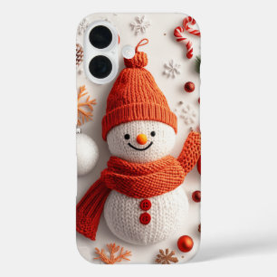 Coques iPhone 16 Festif Orange Snowman Knit Ornements de Noël