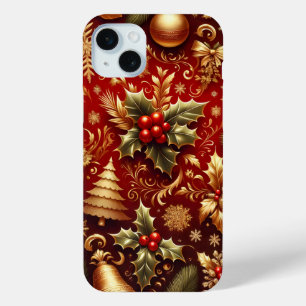 COQUE iPhone 15 MINI FESTIVE ROUGE & ARBRES DE NOËL OR HOLLY
