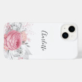 Coques Case-Mate iPhone Feuillage rose floral argenté nom blanc élégant (Verso (horizontal))