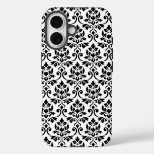Coques iPhone 16 Feuille Damask Patte noir sur blanc