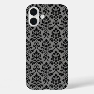 Coques iPhone 16 Plus Feuille Damask Patte noir sur gris
