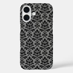 Coques iPhone 16 Feuille Damask Patte noir sur gris