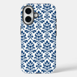 Coques iPhone 16 Feuille Damask Pattern bleu foncé sur blanc