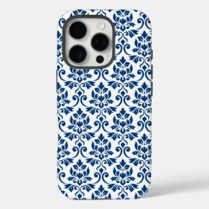 Coques iPhone 16 Pro Feuille Damask Pattern bleu foncé sur blanc
