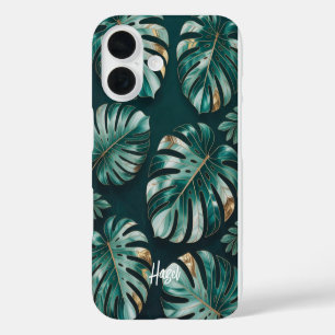 Coques iPhone 16 Feuille de Monstera en or botanique avec nom