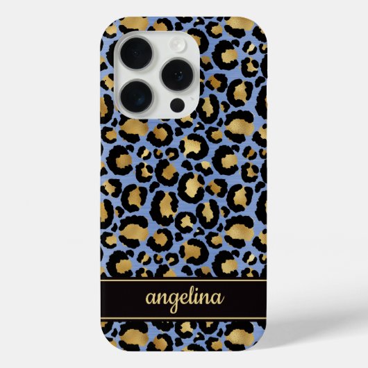 Coques Case-Mate iPhone Feuille d'Or sur Imprimé Léopard Bleu Monogrammé (Verso)