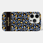 Coques Case-Mate iPhone Feuille d'Or sur Imprimé Léopard Bleu Monogrammé (Verso (horizontal))