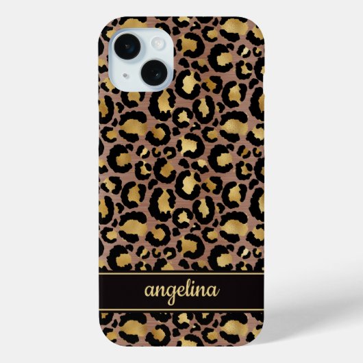 Coques Case-Mate iPhone Feuille d'Or sur Imprimé Léopard Brun Monogrammé (Verso)