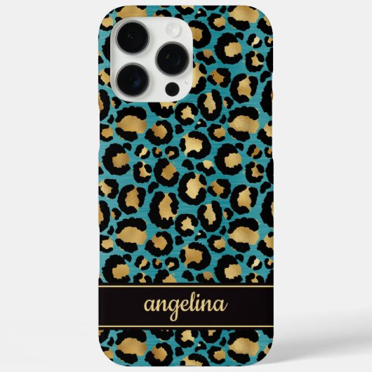 Coques Case-Mate iPhone Feuille d'Or sur Imprimé Léopard Sarcelle Monogram (Verso)