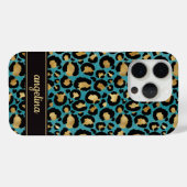 Coques Case-Mate iPhone Feuille d'Or sur Imprimé Léopard Sarcelle Monogram (Verso (horizontal))