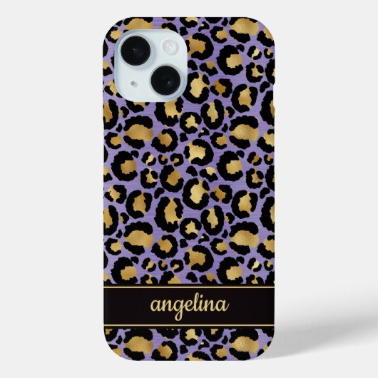 Coques Case-Mate iPhone Feuille d'Or sur Imprimé Léopard Violet Monogrammé (Verso)