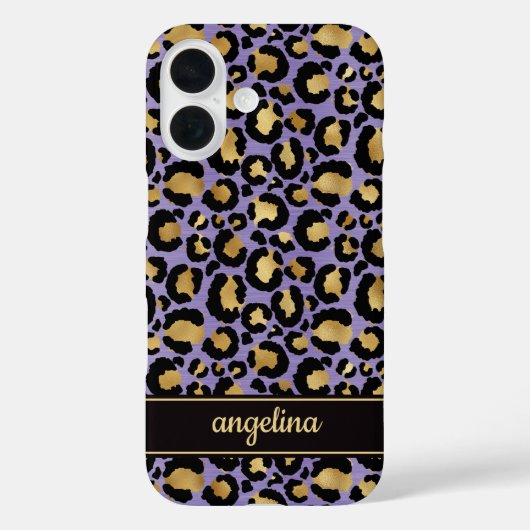Coques Case-Mate iPhone Feuille d'Or sur Imprimé Léopard Violet Monogrammé (Verso)