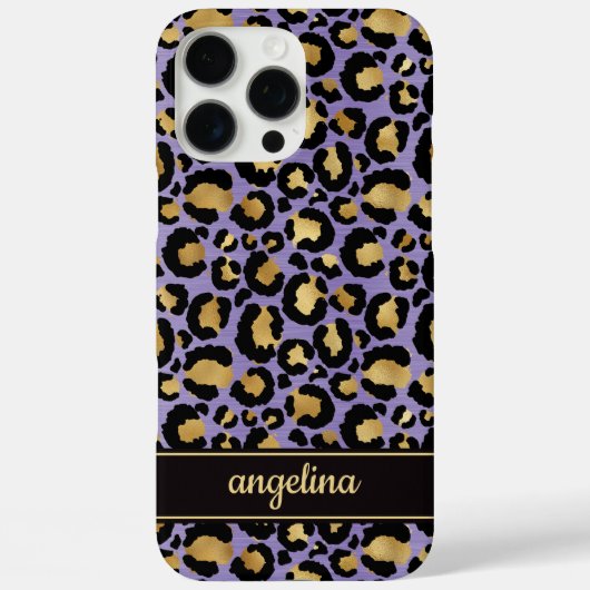 Coques Case-Mate iPhone Feuille d'Or sur Imprimé Léopard Violet Monogrammé (Verso)
