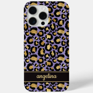Coque iPhone 15 Pro Max Feuille d'Or sur Imprimé Léopard Violet Monogrammé