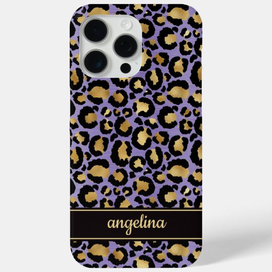 Coques Case-Mate iPhone Feuille d'Or sur Imprimé Léopard Violet Monogrammé (Verso)