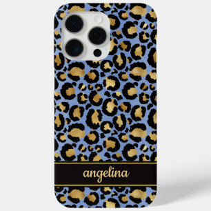 Coque iPhone 15 Pro Max Feuille d'or sur monogramme imprimé léopard bleu