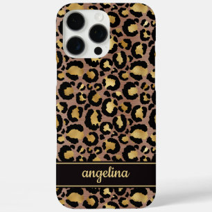 Coques iPhone 16 Pro Max Feuille d'or sur monogramme imprimé léopard marron