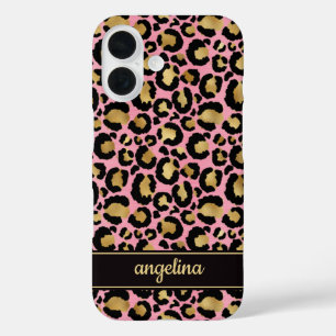 Coques iPhone 16 Feuille d'or sur monogramme imprimé léopard rose