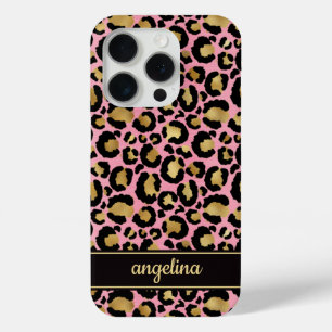 Coque iPhone 15 Pro Feuille d'or sur monogramme imprimé léopard rose