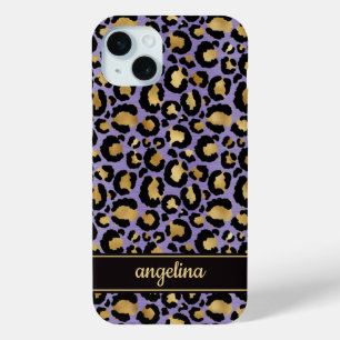 Coque iPhone 15 Mini Feuille d'or sur monogramme imprimé léopard violet