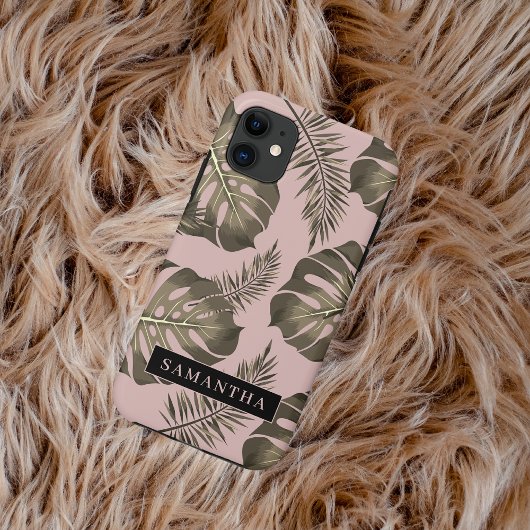 Coques Case-Mate iPhone Feuille Tropical Pink & Gold Palm Motif et nom