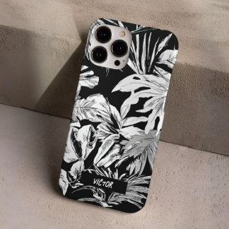 Coques iPhone 16 Pro Feuille tropicale noire et blanche moderne unique 