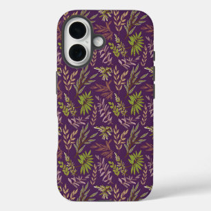 Coques iPhone 16 Feuilles botaniques : un dos violet époustouflant