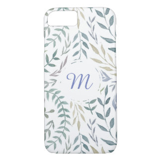 Coque iPhone 8/7 Feuilles d'aquarelle rustique et monogramme de feu