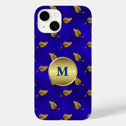 Coques Case-Mate iPhone Feuilles dorés sur Velours Bleu Monogramme (Verso)