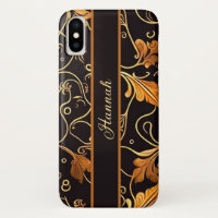 Feuilles et vrilles orange sur motif noir