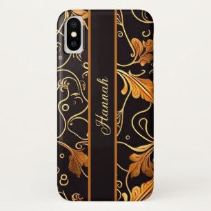 Case-Mate iPhone Case Feuilles et vrilles orange sur motif noir