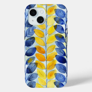 Coque Pour iPhone 15 Feuilles jaunes et bleues